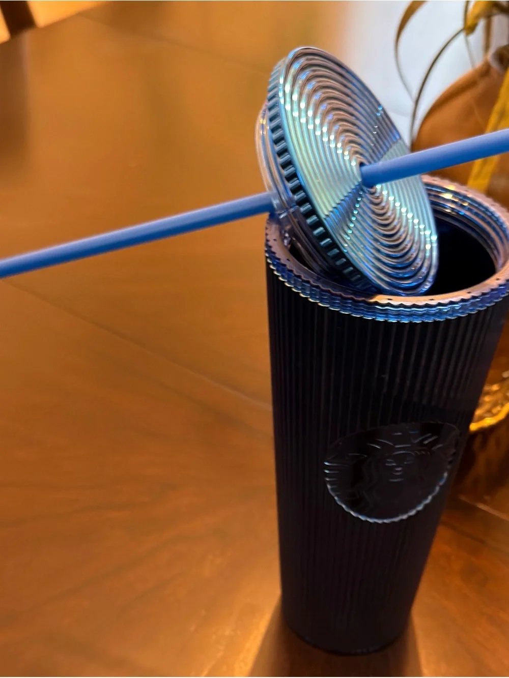Starbucks Tall Ribbed Tumbler in Deep Blue with Straw